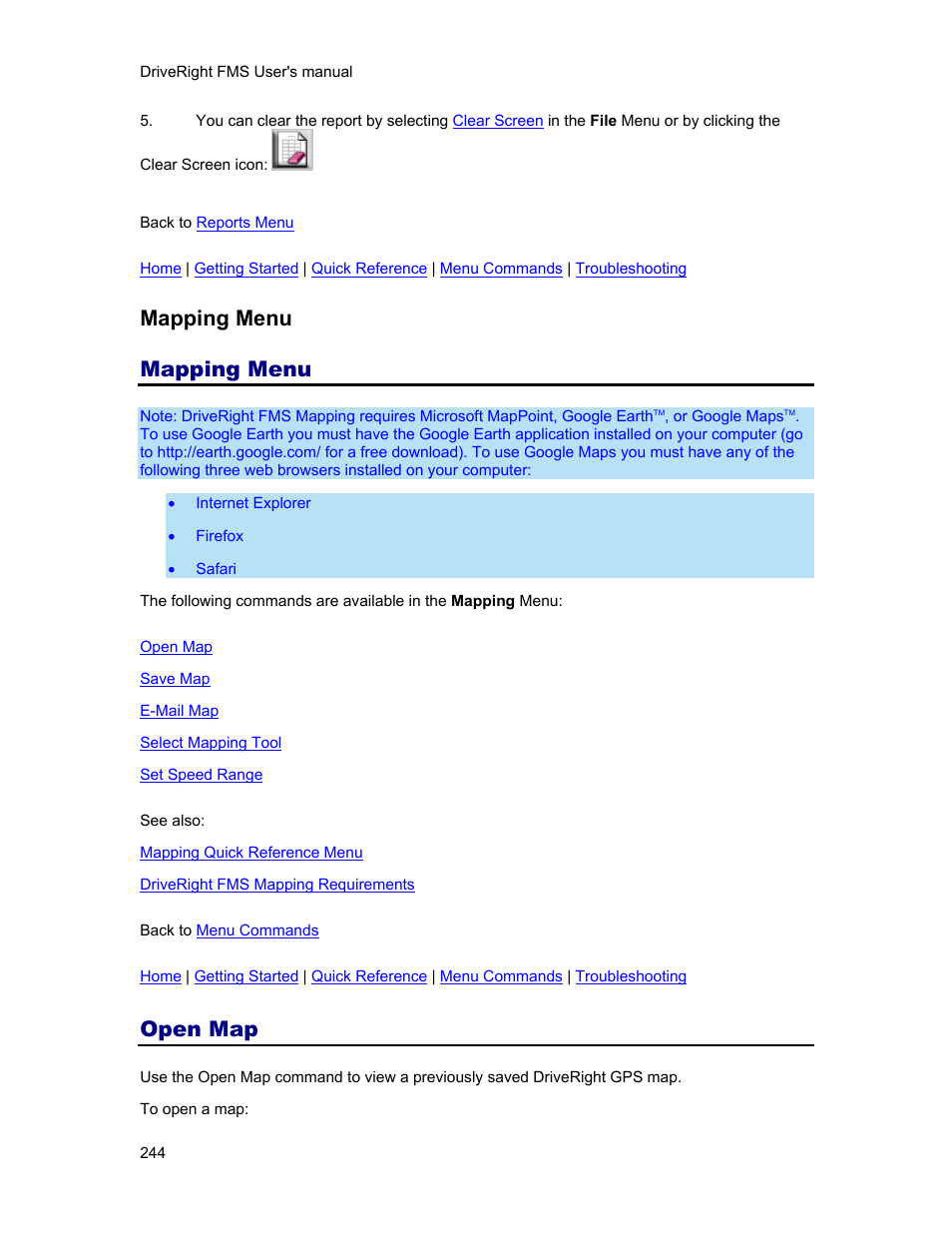 Mapping menu, Open map | DAVIS FMS 3.9.3 DriveRight (8186) User Manual | Page 256 / 286