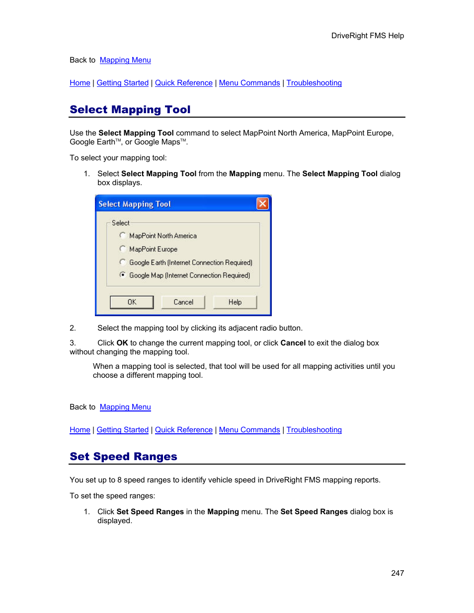 Select mapping tool, Set speed ranges, Set speed range | DAVIS FMS 3.9.3 DriveRight (8186) User Manual | Page 259 / 286