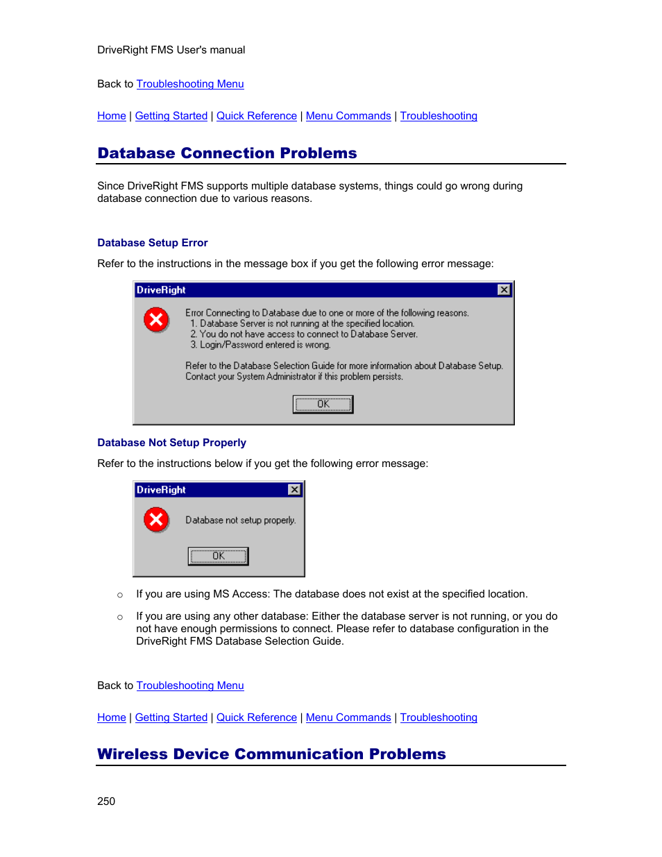 Database connection problems, Wireless device communication problems | DAVIS FMS 3.9.3 DriveRight (8186) User Manual | Page 262 / 286