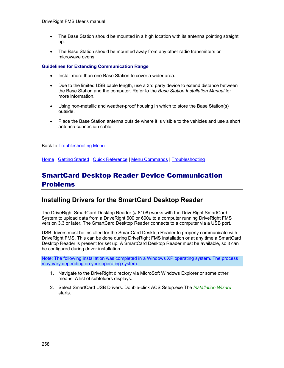 Must be, Installed, Smartcard reader device communication problems | For help with, Install the necessary drivers | DAVIS FMS 3.9.3 DriveRight (8186) User Manual | Page 270 / 286