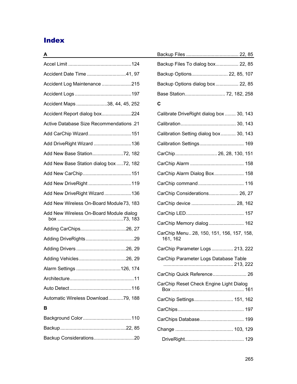 Index | DAVIS FMS 3.9.3 DriveRight (8186) User Manual | Page 277 / 286