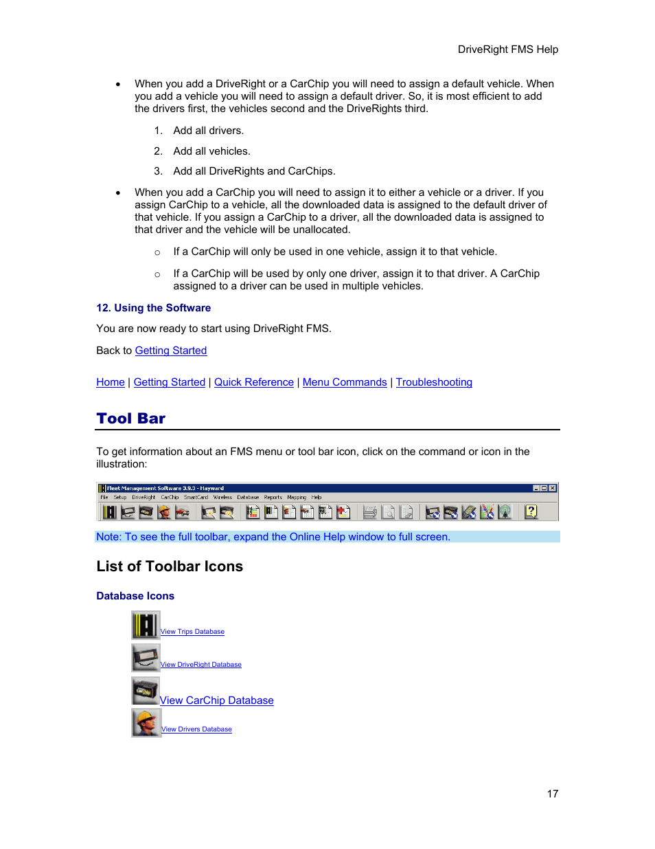 Tool bar, List of toolbar icons | DAVIS FMS 3.9.3 DriveRight (8186) User Manual | Page 29 / 286