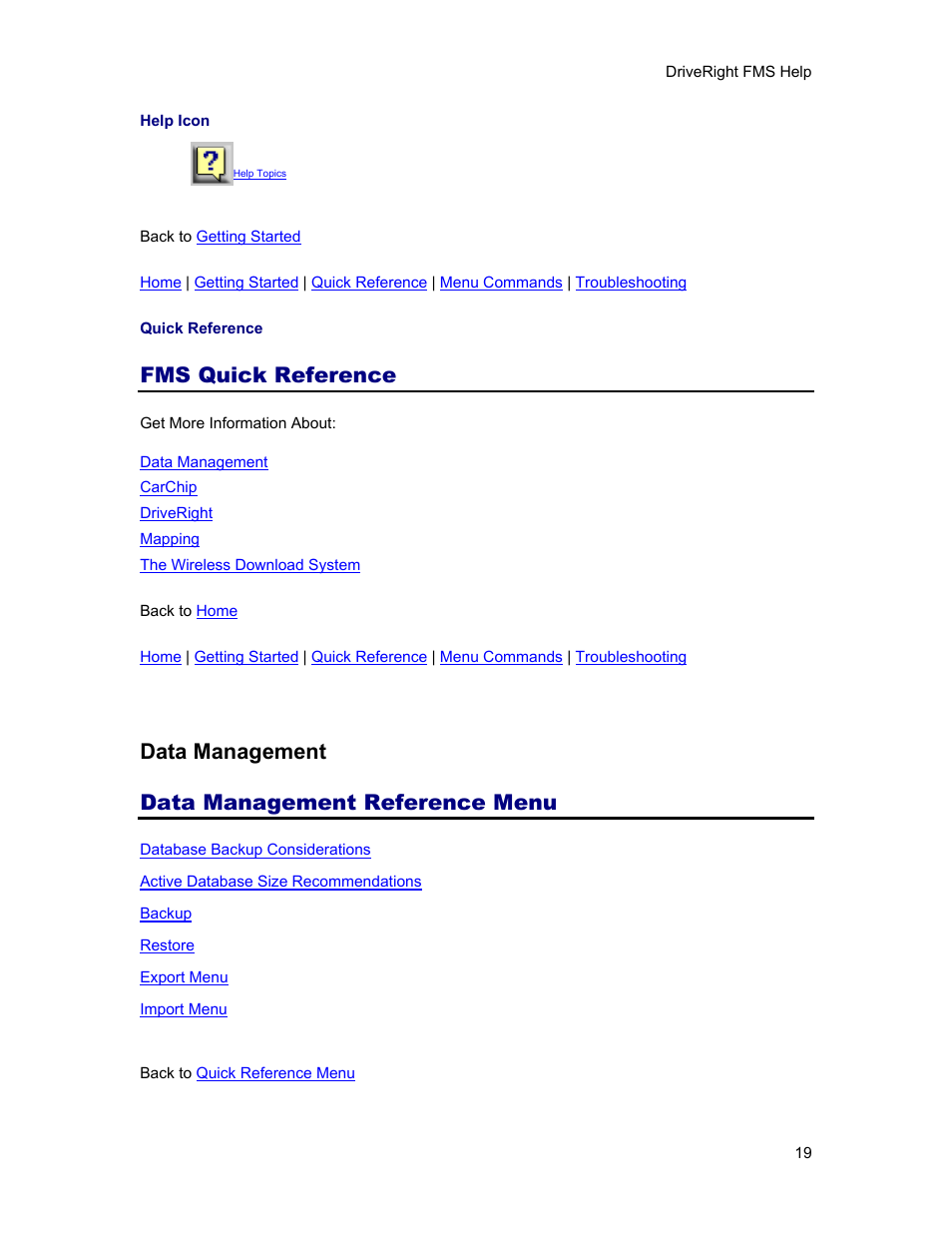 Quick reference, Fms quick reference, Data management | Data management reference menu, Basi, Data management data management reference menu | DAVIS FMS 3.9.3 DriveRight (8186) User Manual | Page 31 / 286