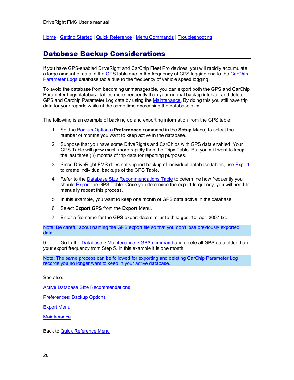 Database backup considerations | DAVIS FMS 3.9.3 DriveRight (8186) User Manual | Page 32 / 286