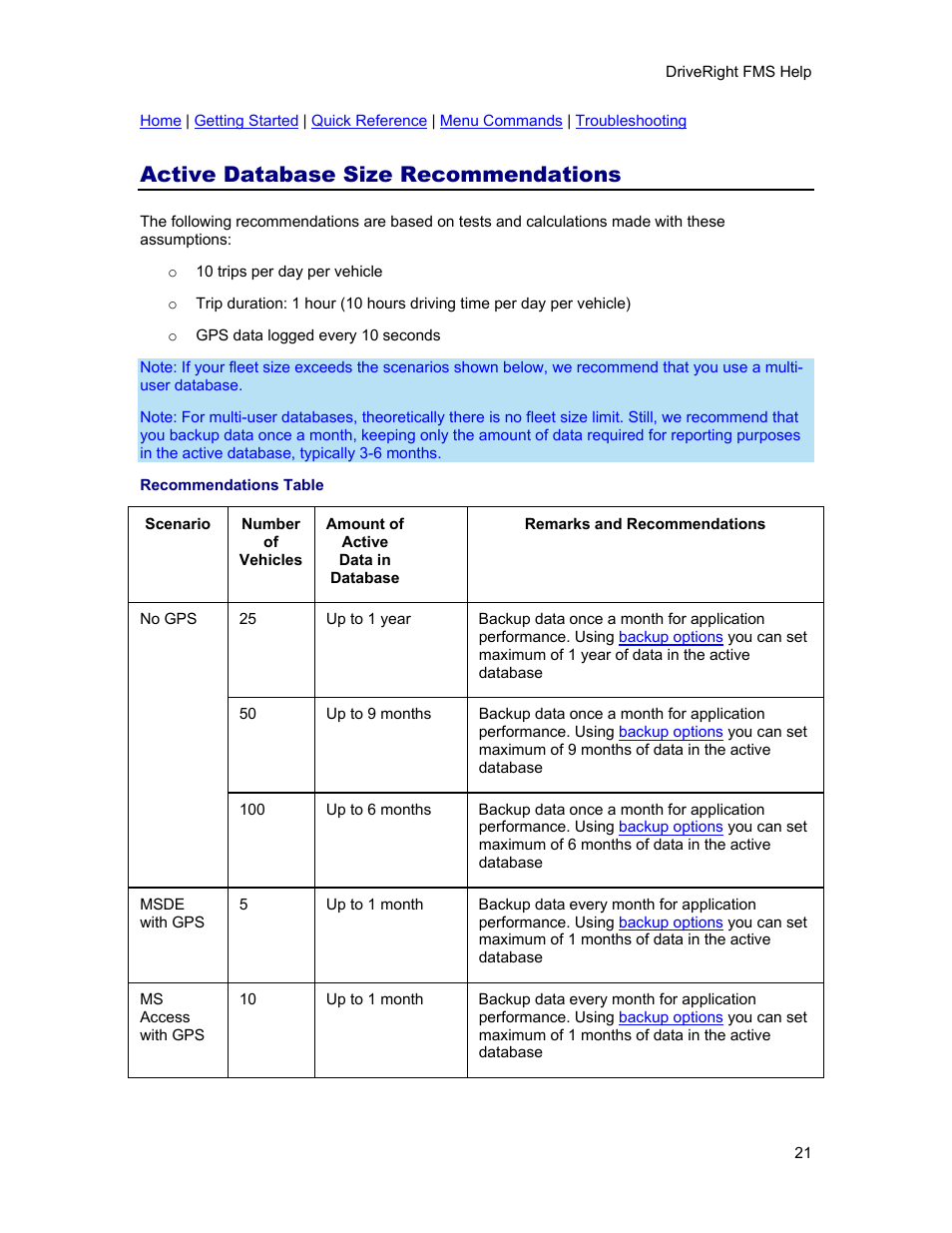 Active database size recommendations, Refer to the, Database size recommendations table | DAVIS FMS 3.9.3 DriveRight (8186) User Manual | Page 33 / 286