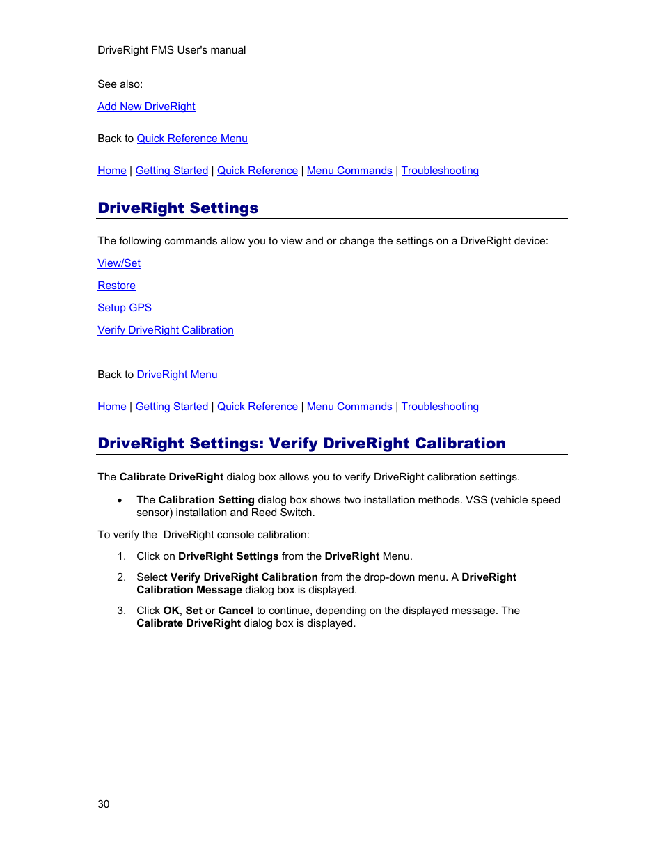 Driveright settings, Driveright settings: verify driveright calibration, Verify driveright calibration | DAVIS FMS 3.9.3 DriveRight (8186) User Manual | Page 42 / 286