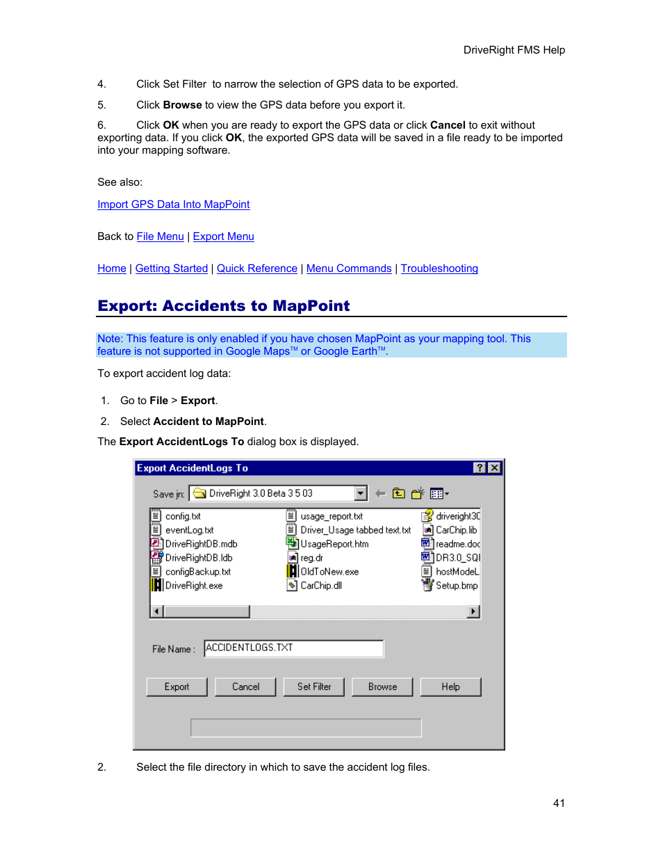 Export: accidents to mappoint, Export accidents to mappoint, Use the | DAVIS FMS 3.9.3 DriveRight (8186) User Manual | Page 53 / 286