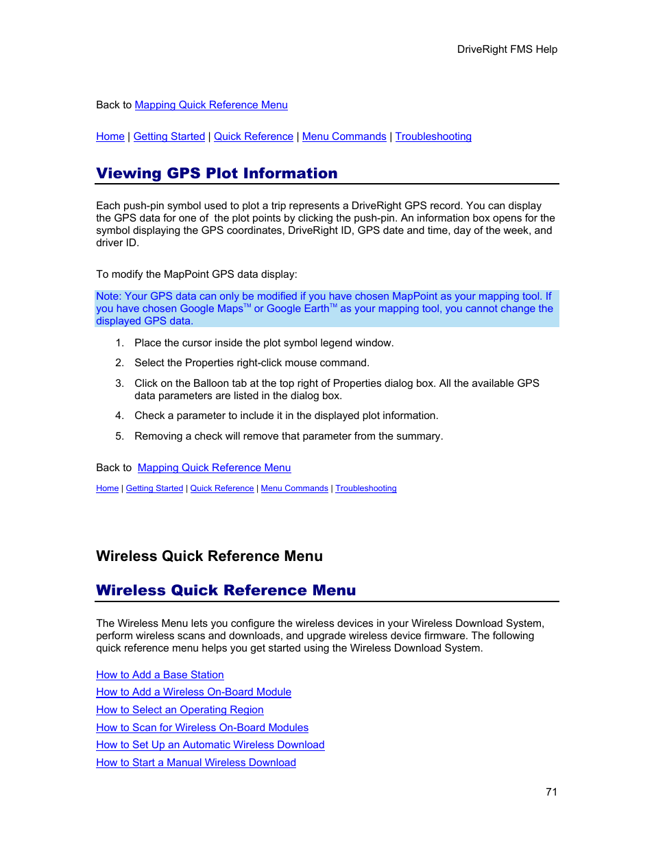 Viewing gps plot information, Wireless quick reference menu, The wireless download system | Gps record, A different push, View gps data | DAVIS FMS 3.9.3 DriveRight (8186) User Manual | Page 83 / 286