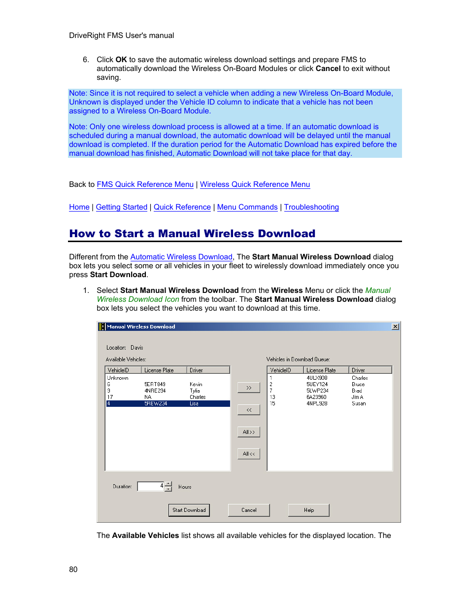 How to start a manual wireless download | DAVIS FMS 3.9.3 DriveRight (8186) User Manual | Page 92 / 286