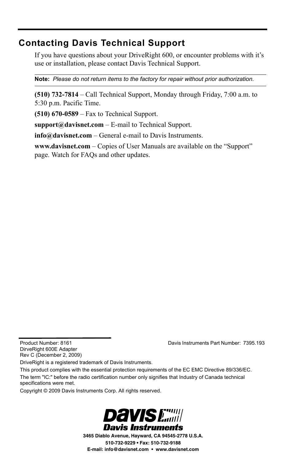 Contacting davis technical support | DAVIS DriveRight 600E Adapter Cable Manual (8161) User Manual | Page 4 / 4