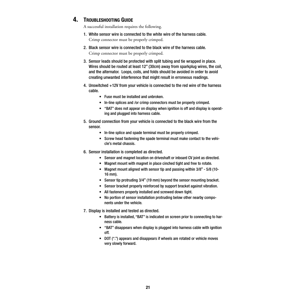 Troubleshooting guide, Sensor installation is completed as directed, Display is installed and tested as directed | DAVIS DriveRight Installation - GD (All DriveRight Models) User Manual | Page 22 / 25