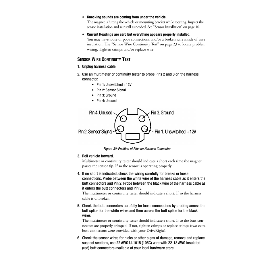 Sensor wire continuity test, Unplug harness cable, Roll vehicle forward | Use “sensor wire continuity test” on | DAVIS DriveRight Installation - GD (All DriveRight Models) User Manual | Page 24 / 25