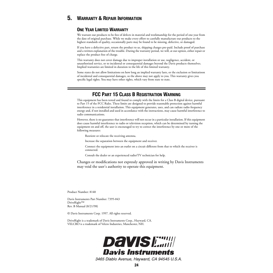 Warranty & repair information, One year limited warranty, Fcc part 15 class b registration warning | Fcc p, 15 c | DAVIS DriveRight Installation - GD (All DriveRight Models) User Manual | Page 25 / 25