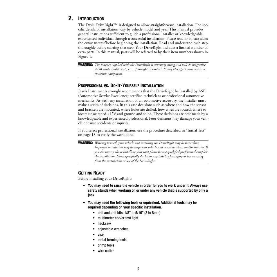 Introduction, Professional vs. do-it-yourself installation, Getting ready | DAVIS DriveRight Installation - GD (All DriveRight Models) User Manual | Page 3 / 25