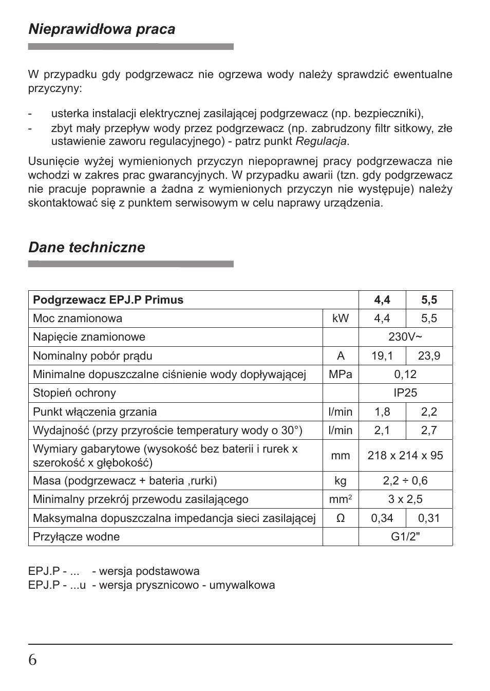 Nieprawidłowa praca, Dane techniczne | KOSPEL EPJ.P-PRIMUS User Manual | Page 6 / 28