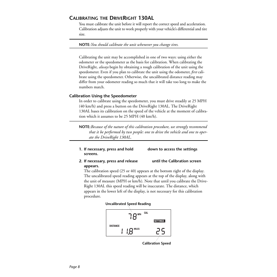 Calibrating the driveright 130al, Calibration using the speedometer, 130al | DAVIS DriveRight 130AL Manual (8140) User Manual | Page 10 / 32