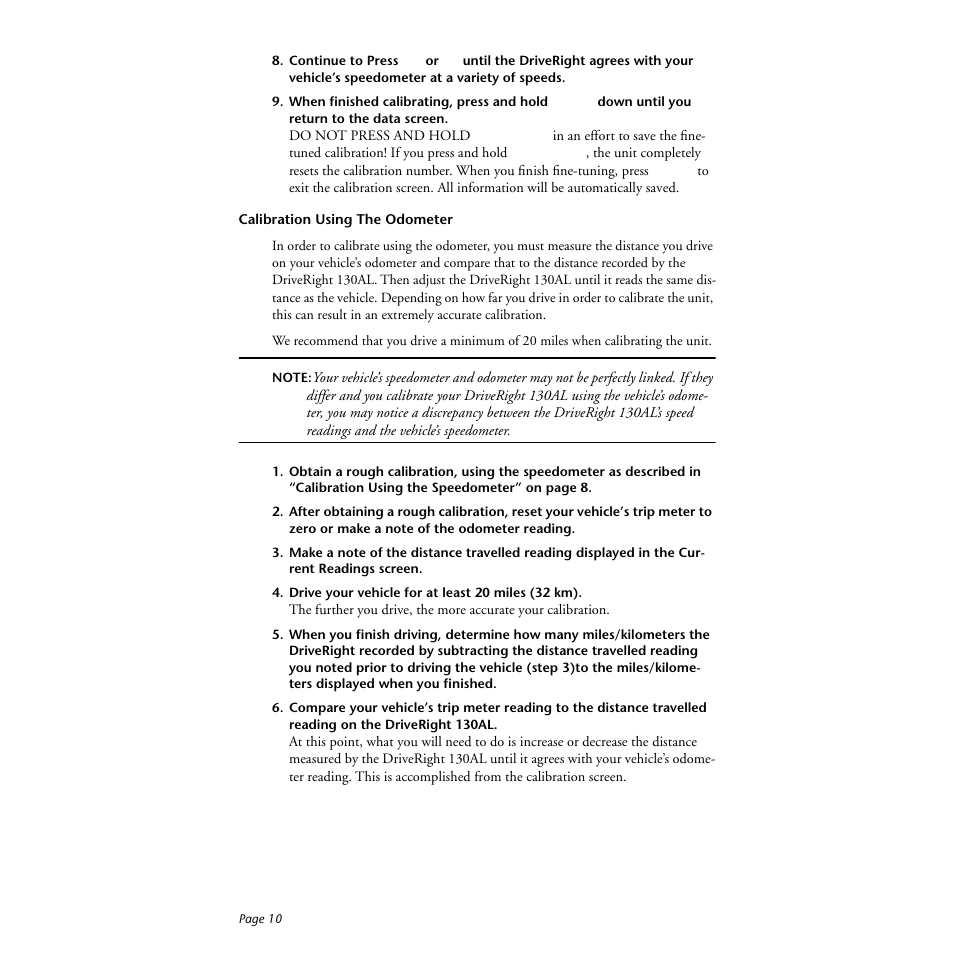 Calibration using the odometer, Drive your vehicle for at least 20 miles (32 km) | DAVIS DriveRight 130AL Manual (8140) User Manual | Page 12 / 32