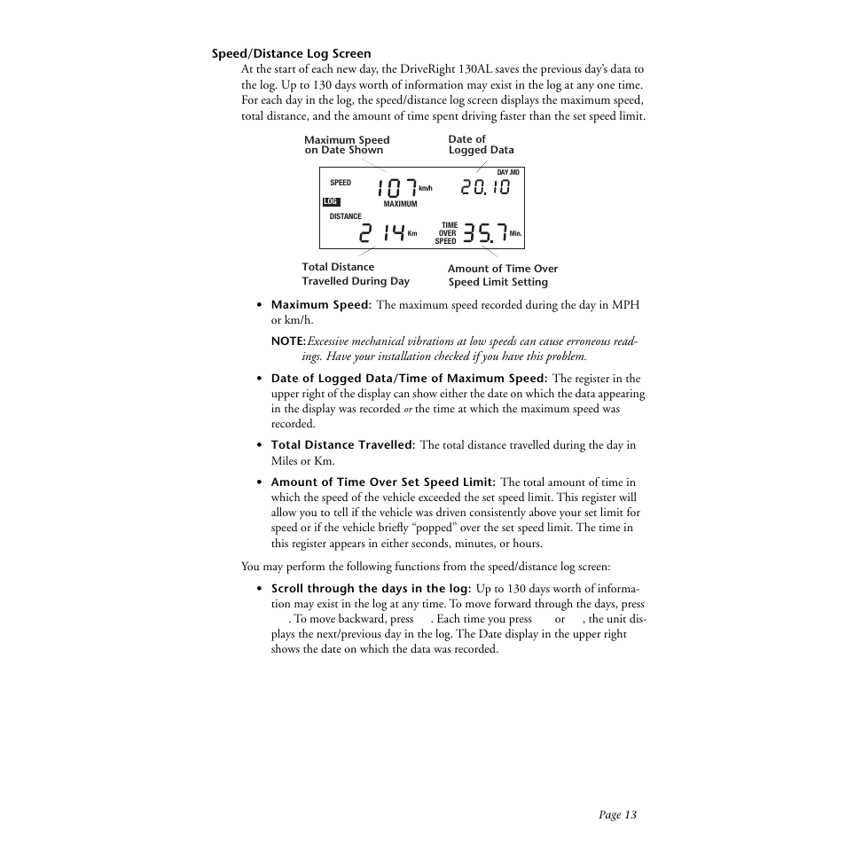 Speed/distance log screen | DAVIS DriveRight 130AL Manual (8140) User Manual | Page 15 / 32