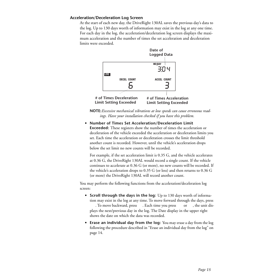 Acceleration/deceleration log screen | DAVIS DriveRight 130AL Manual (8140) User Manual | Page 17 / 32