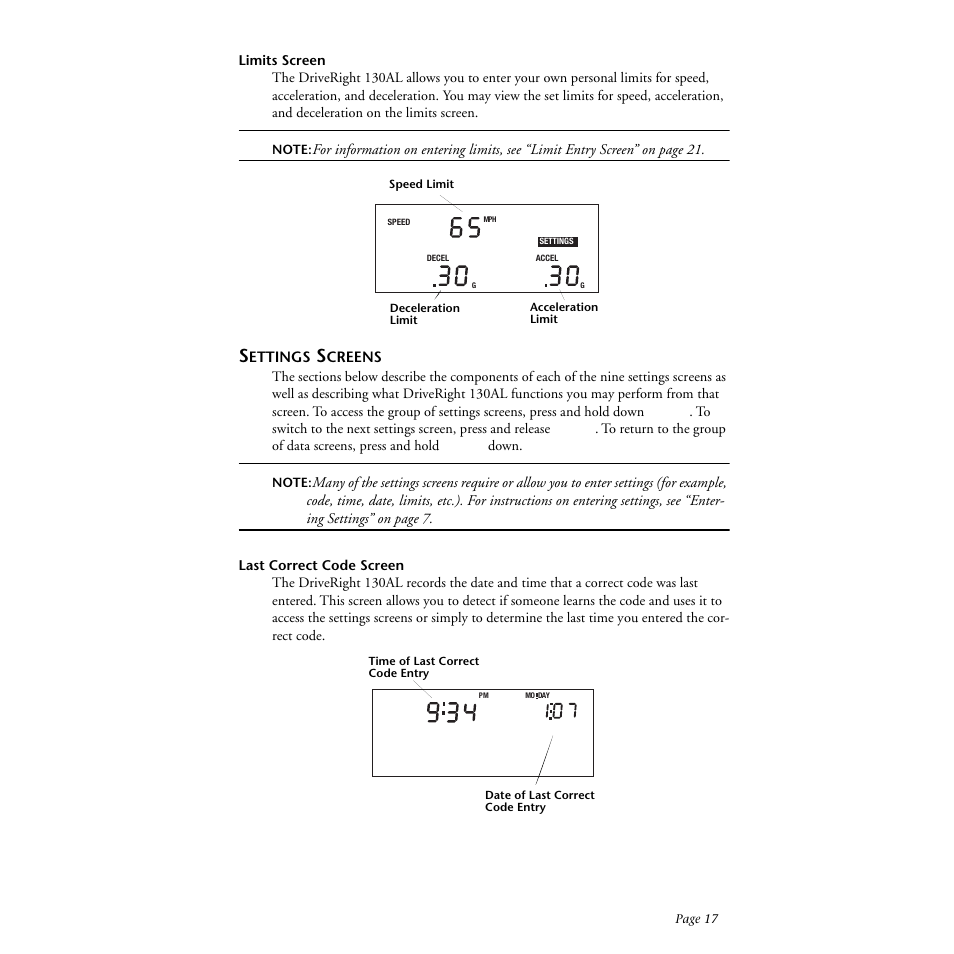 Limits screen, Settings screens, Last correct code screen | DAVIS DriveRight 130AL Manual (8140) User Manual | Page 19 / 32