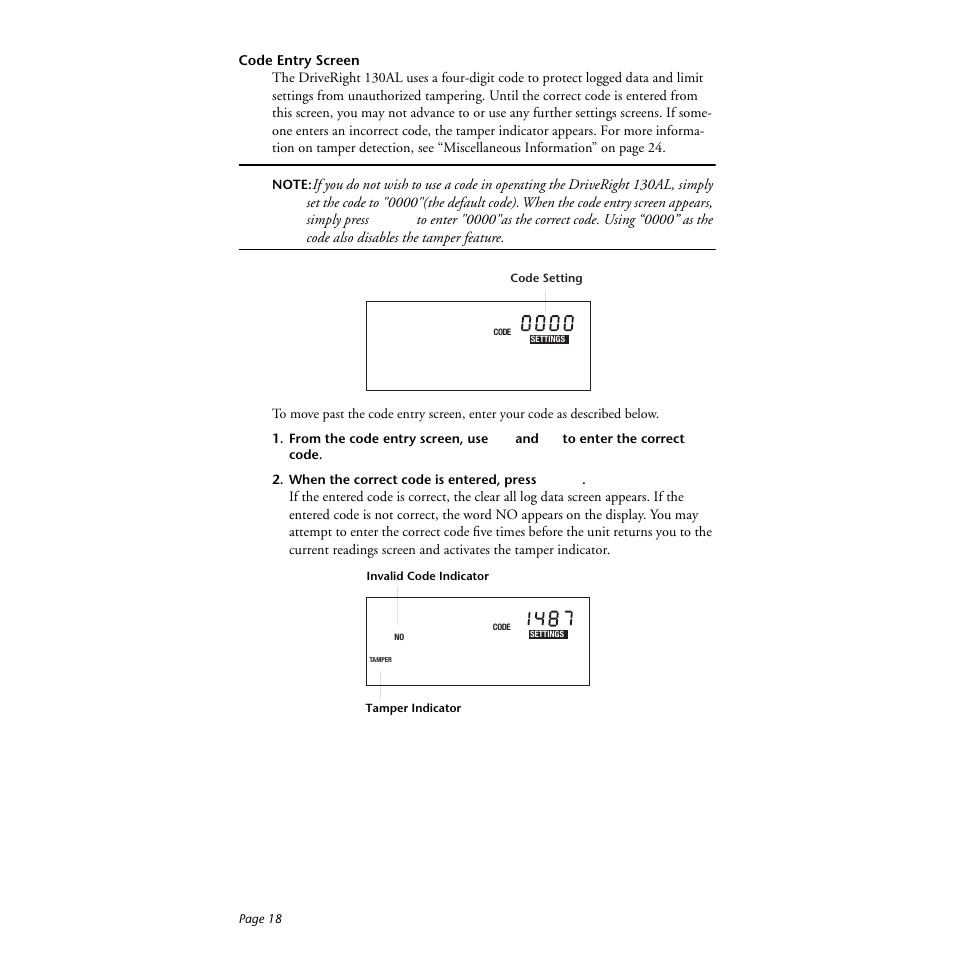Code entry screen, When the correct code is entered, press mode | DAVIS DriveRight 130AL Manual (8140) User Manual | Page 20 / 32