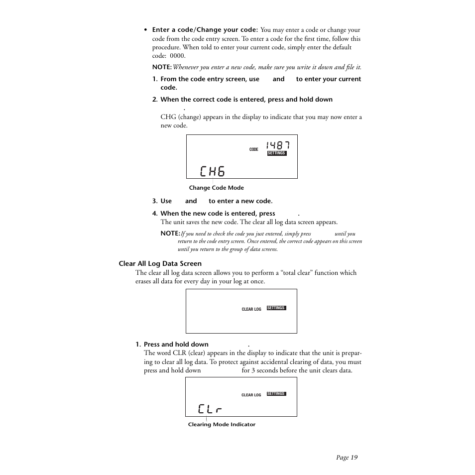 Use "+" and "-" to enter a new code, When the new code is entered, press mode, Clear all log data screen | Press and hold down set/clear | DAVIS DriveRight 130AL Manual (8140) User Manual | Page 21 / 32