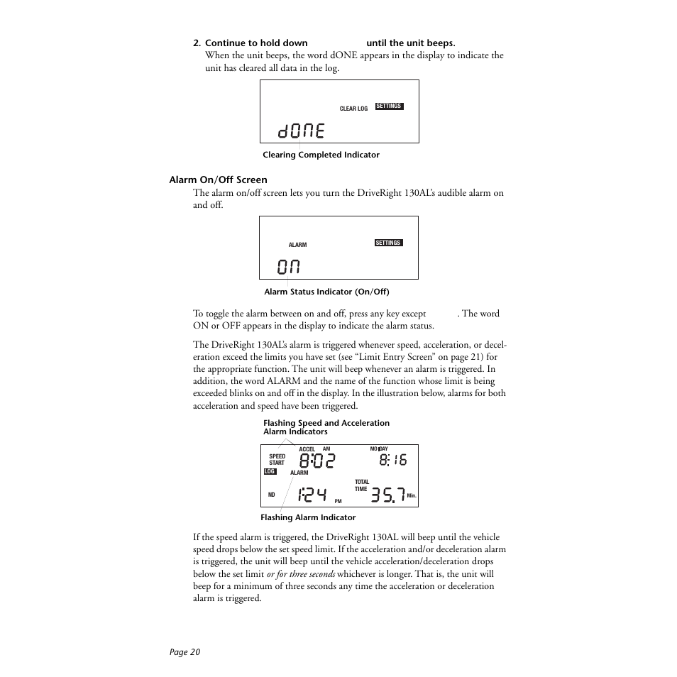 Alarm on/off screen, Set/clear | DAVIS DriveRight 130AL Manual (8140) User Manual | Page 22 / 32