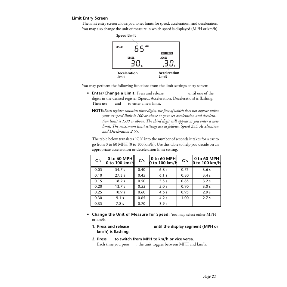 Limit entry screen, Press "+" to switch from mph to km/h or vice versa | DAVIS DriveRight 130AL Manual (8140) User Manual | Page 23 / 32