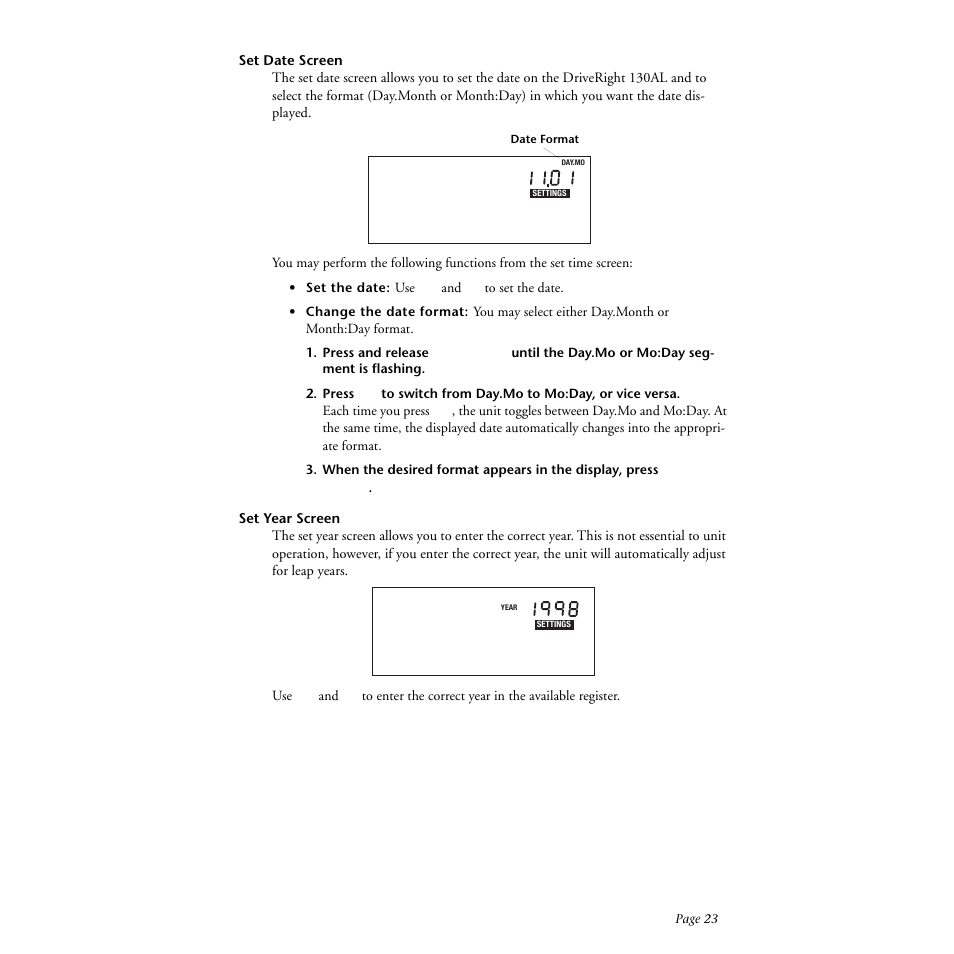 Set date screen, Set year screen | DAVIS DriveRight 130AL Manual (8140) User Manual | Page 25 / 32