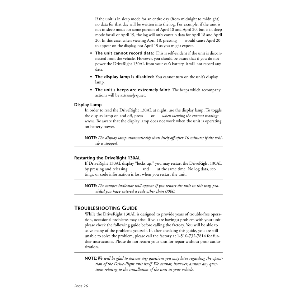 Display lamp, Restarting the driveright 130al, Troubleshooting guide | DAVIS DriveRight 130AL Manual (8140) User Manual | Page 28 / 32