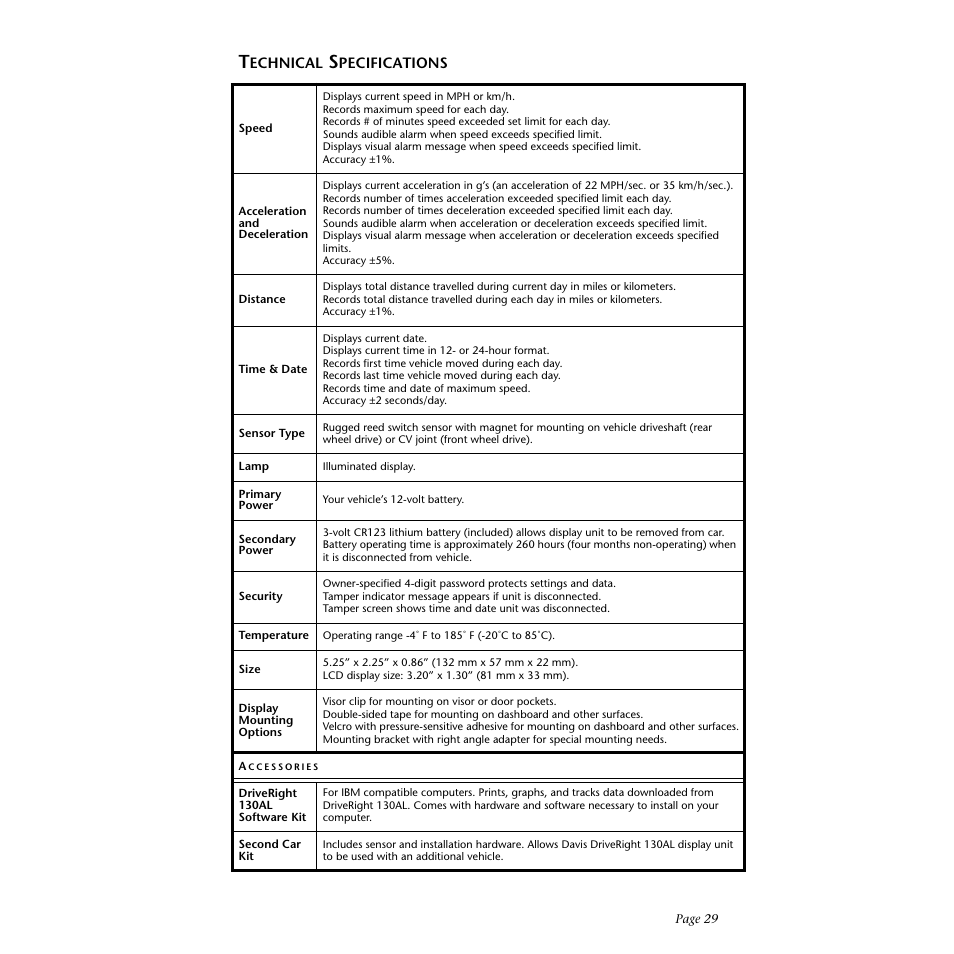 Technical specifications | DAVIS DriveRight 130AL Manual (8140) User Manual | Page 31 / 32