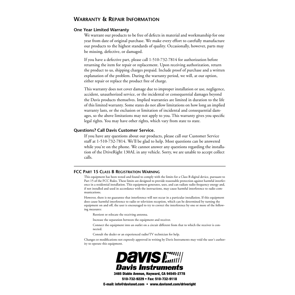 Warranty & repair information, One year limited warranty, Questions? call davis customer service | DAVIS DriveRight 130AL Manual (8140) User Manual | Page 32 / 32
