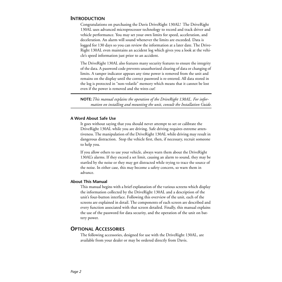 Introduction, A word about safe use, About this manual | Optional accessories | DAVIS DriveRight 130AL Manual (8140) User Manual | Page 4 / 32