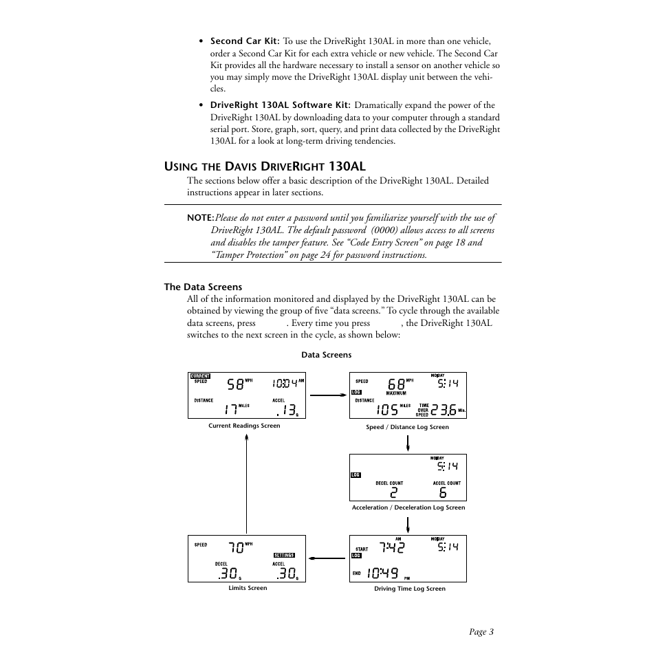 Using the davis driveright 130al, The data screens, 130al | DAVIS DriveRight 130AL Manual (8140) User Manual | Page 5 / 32