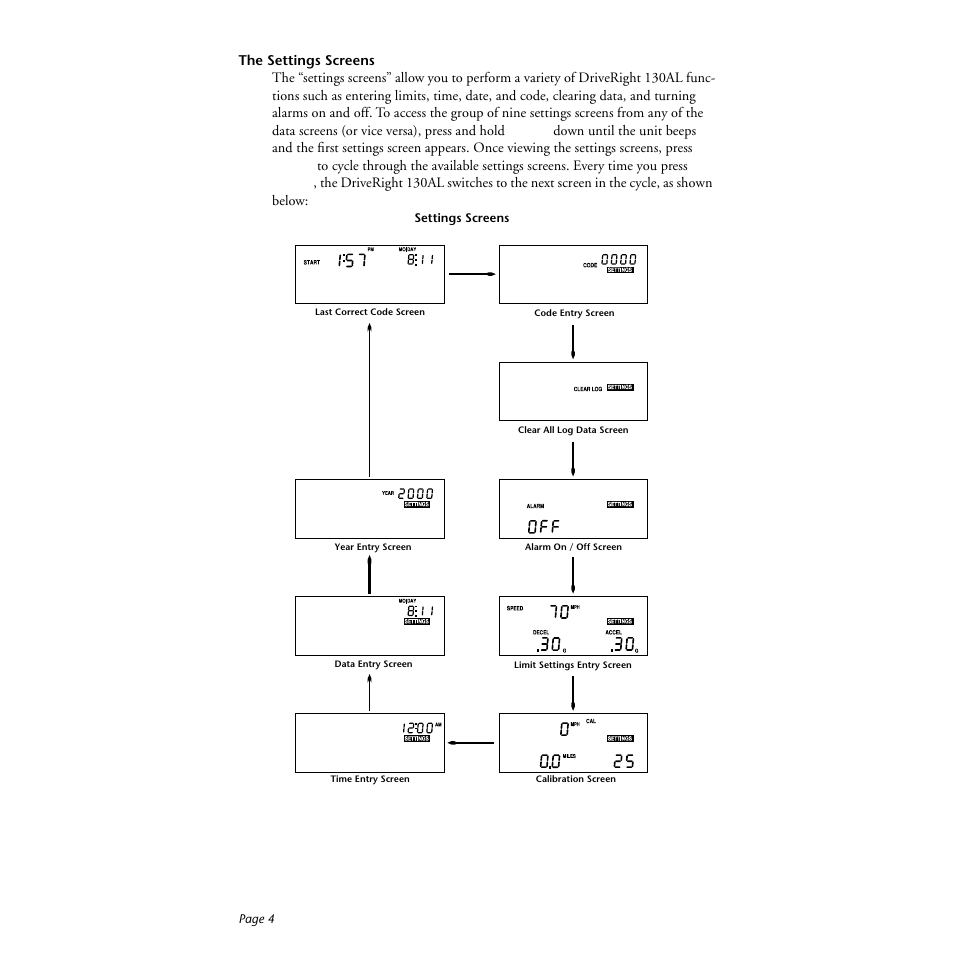 The settings screens | DAVIS DriveRight 130AL Manual (8140) User Manual | Page 6 / 32