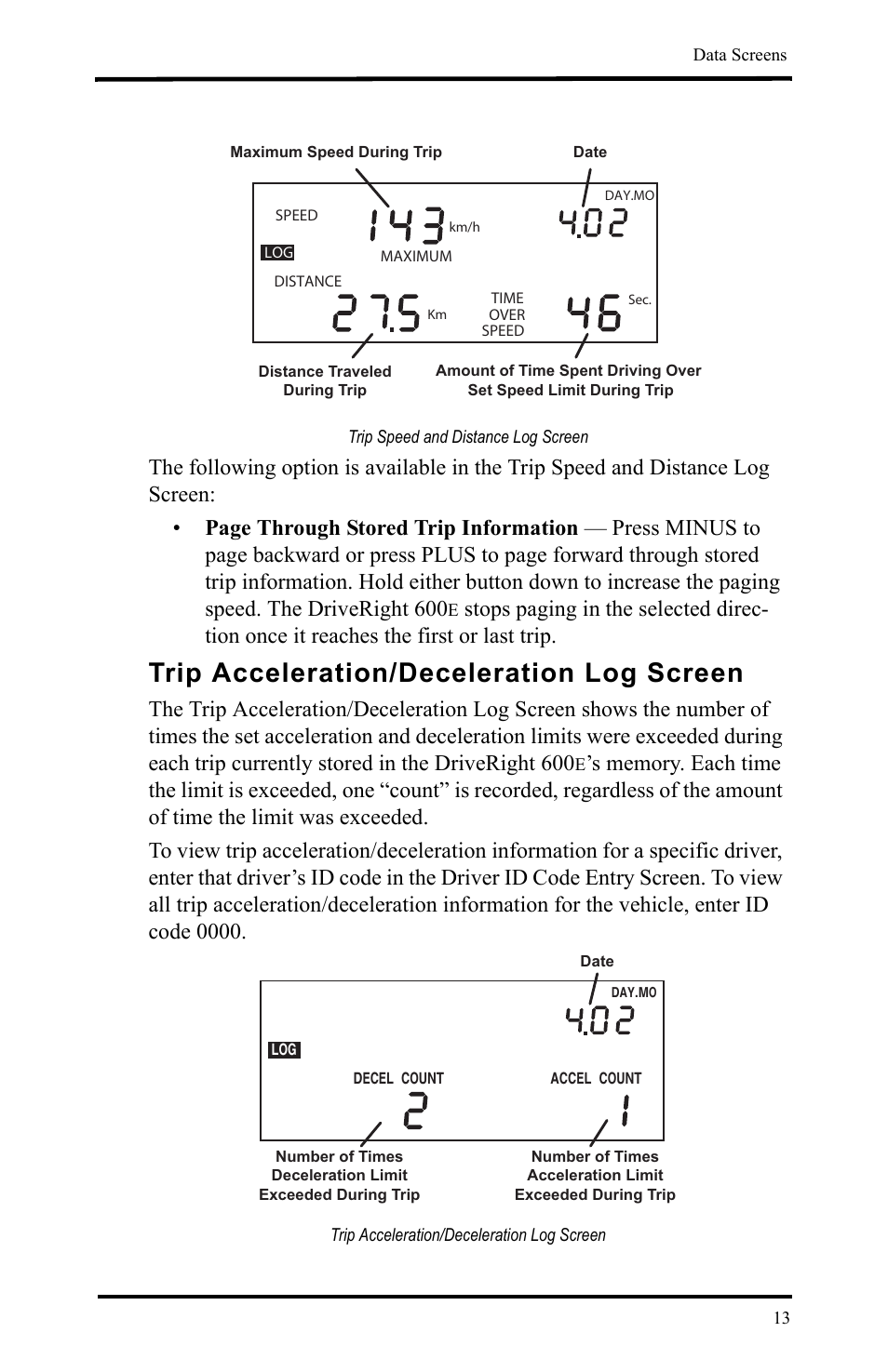 Trip speed and distance log screen, Trip acceleration/deceleration log screen | DAVIS DriveRight 600E Users Guide (8126, 8179) User Manual | Page 17 / 32