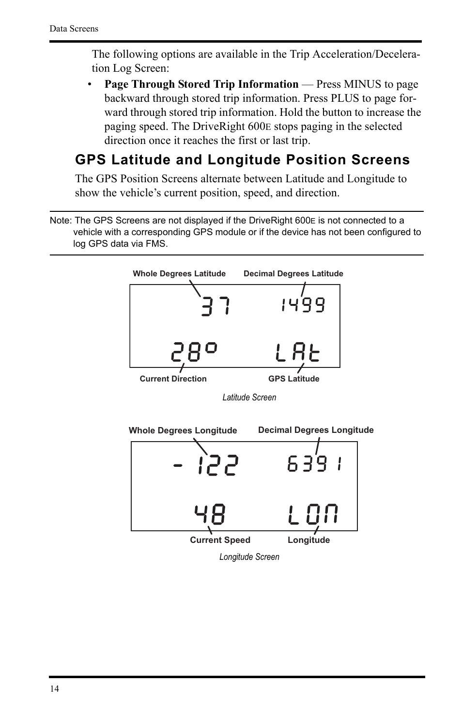 Gps latitude and longitude position screens, Latitude screen, Longitude screen | DAVIS DriveRight 600E Users Guide (8126, 8179) User Manual | Page 18 / 32