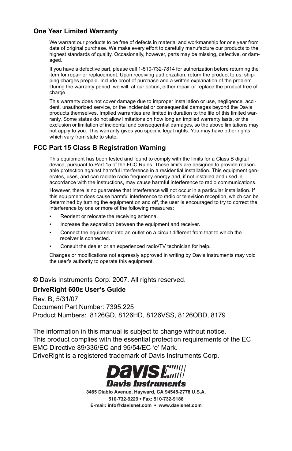 One year limited warranty, Fcc part 15 class b registration warning | DAVIS DriveRight 600E Users Guide (8126, 8179) User Manual | Page 2 / 32