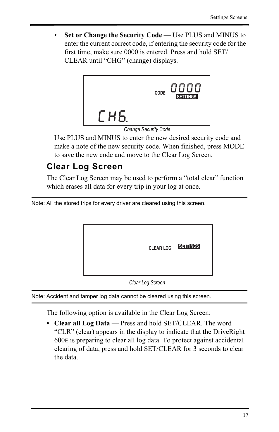 Change security code, Clear log screen | DAVIS DriveRight 600E Users Guide (8126, 8179) User Manual | Page 21 / 32