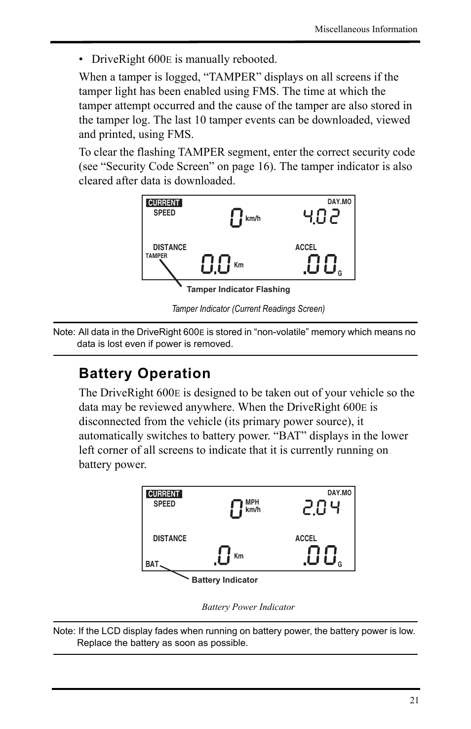 Tamper indicator (current readings screen), Battery operation, Driveright 600 | The driveright 600 | DAVIS DriveRight 600E Users Guide (8126, 8179) User Manual | Page 25 / 32