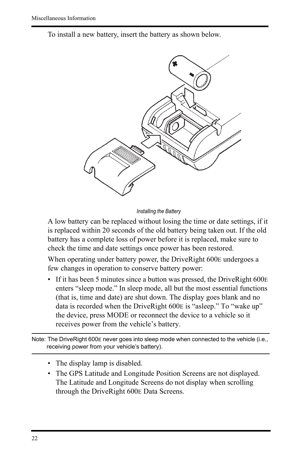 Installing the battery | DAVIS DriveRight 600E Users Guide (8126, 8179) User Manual | Page 26 / 32