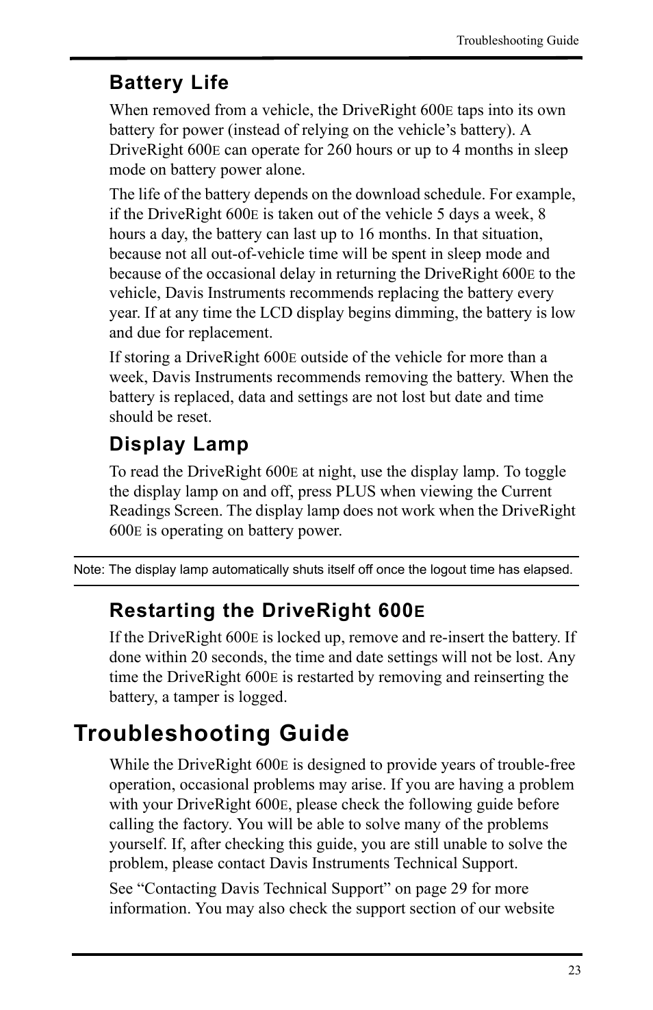 Battery life, Display lamp, Restarting the driveright 600e | Troubleshooting guide, Restarting the driveright 600 | DAVIS DriveRight 600E Users Guide (8126, 8179) User Manual | Page 27 / 32