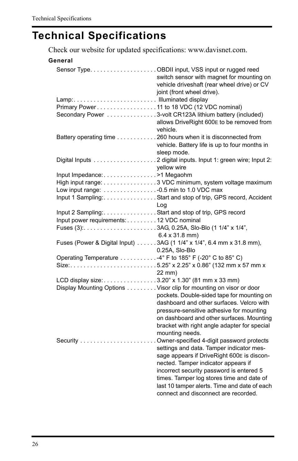 Technical specifications, General | DAVIS DriveRight 600E Users Guide (8126, 8179) User Manual | Page 30 / 32