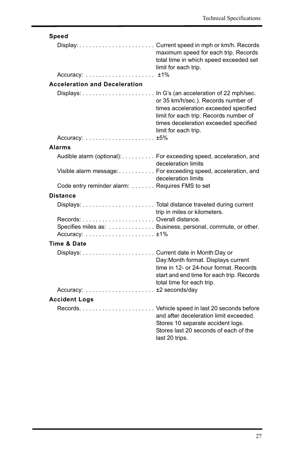 Speed, Acceleration and deceleration, Alarms | Distance, Time & date, Accident logs | DAVIS DriveRight 600E Users Guide (8126, 8179) User Manual | Page 31 / 32