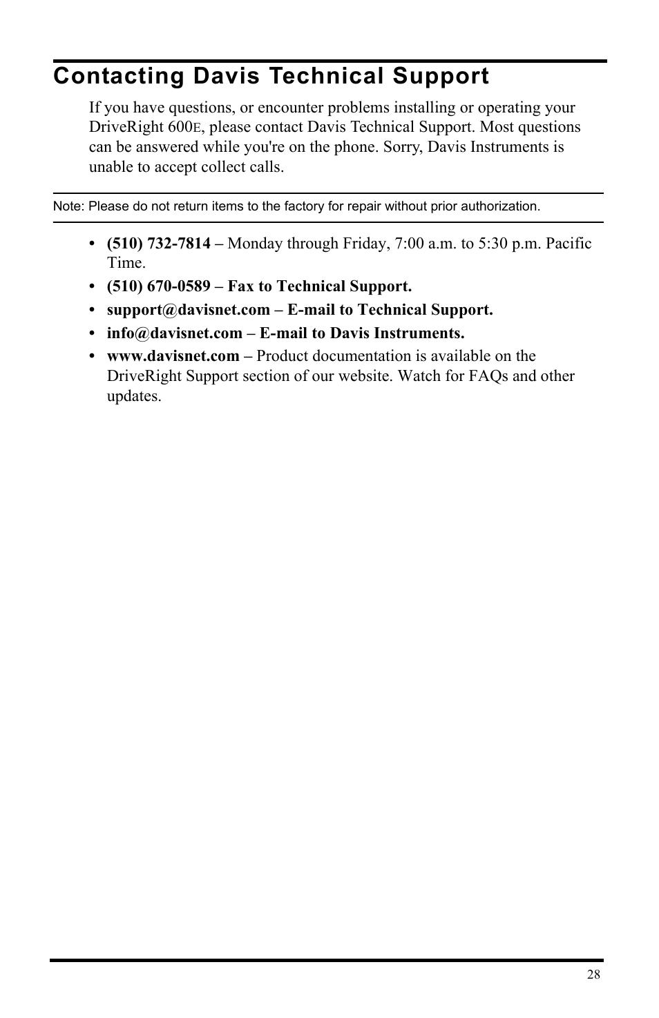 Contacting davis technical support | DAVIS DriveRight 600E Users Guide (8126, 8179) User Manual | Page 32 / 32