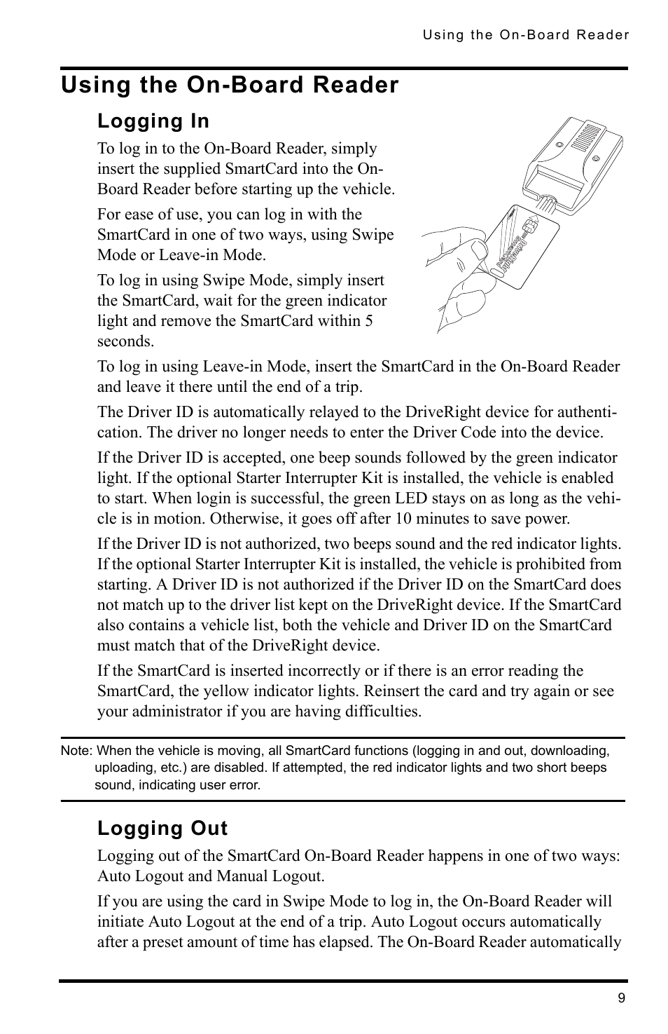 Using the on-board reader, Logging in, Logging out | DAVIS SmartCard Users Guide (8105, 8108, 8112) User Manual | Page 11 / 16