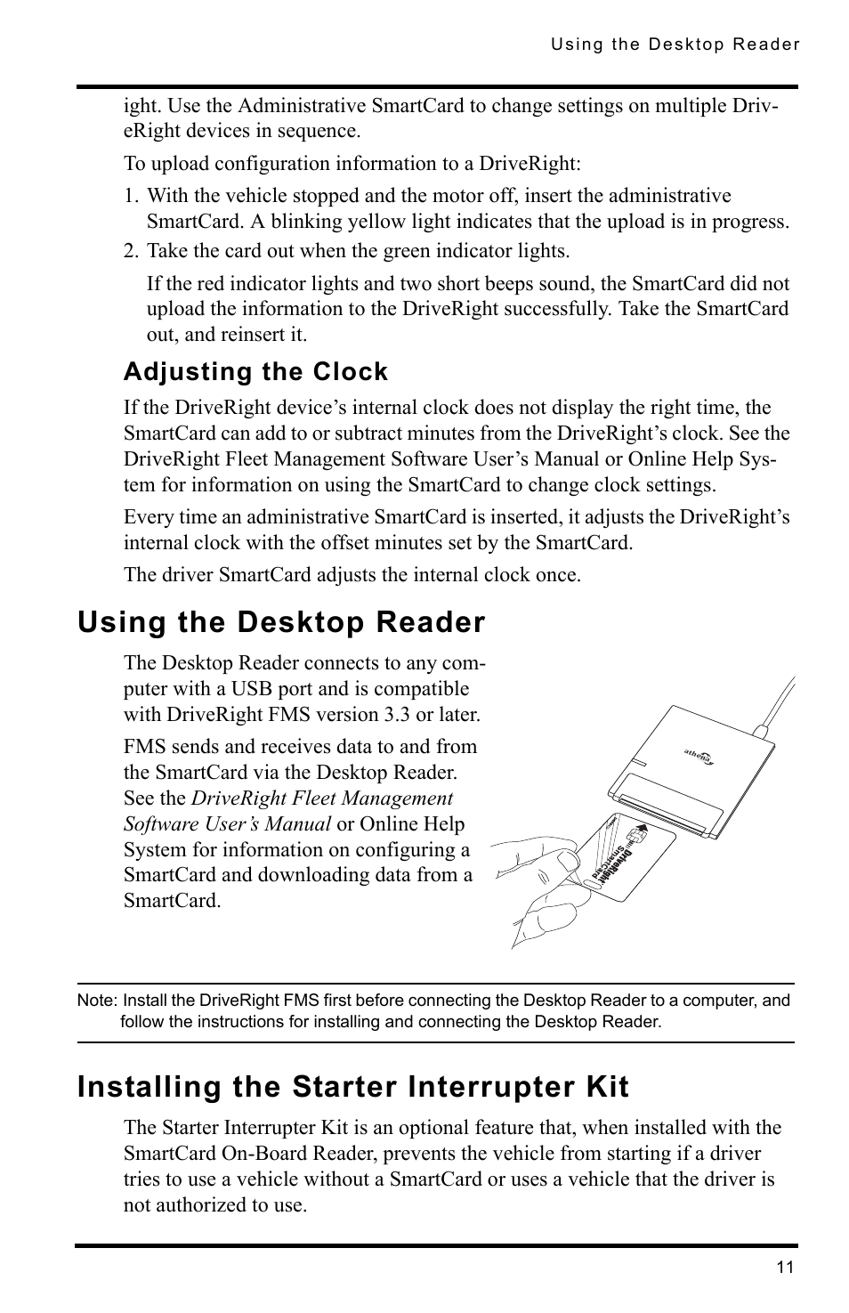 Take the card out when the green indicator lights, Adjusting the clock, Using the desktop reader | Installing the starter interrupter kit | DAVIS SmartCard Users Guide (8105, 8108, 8112) User Manual | Page 13 / 16