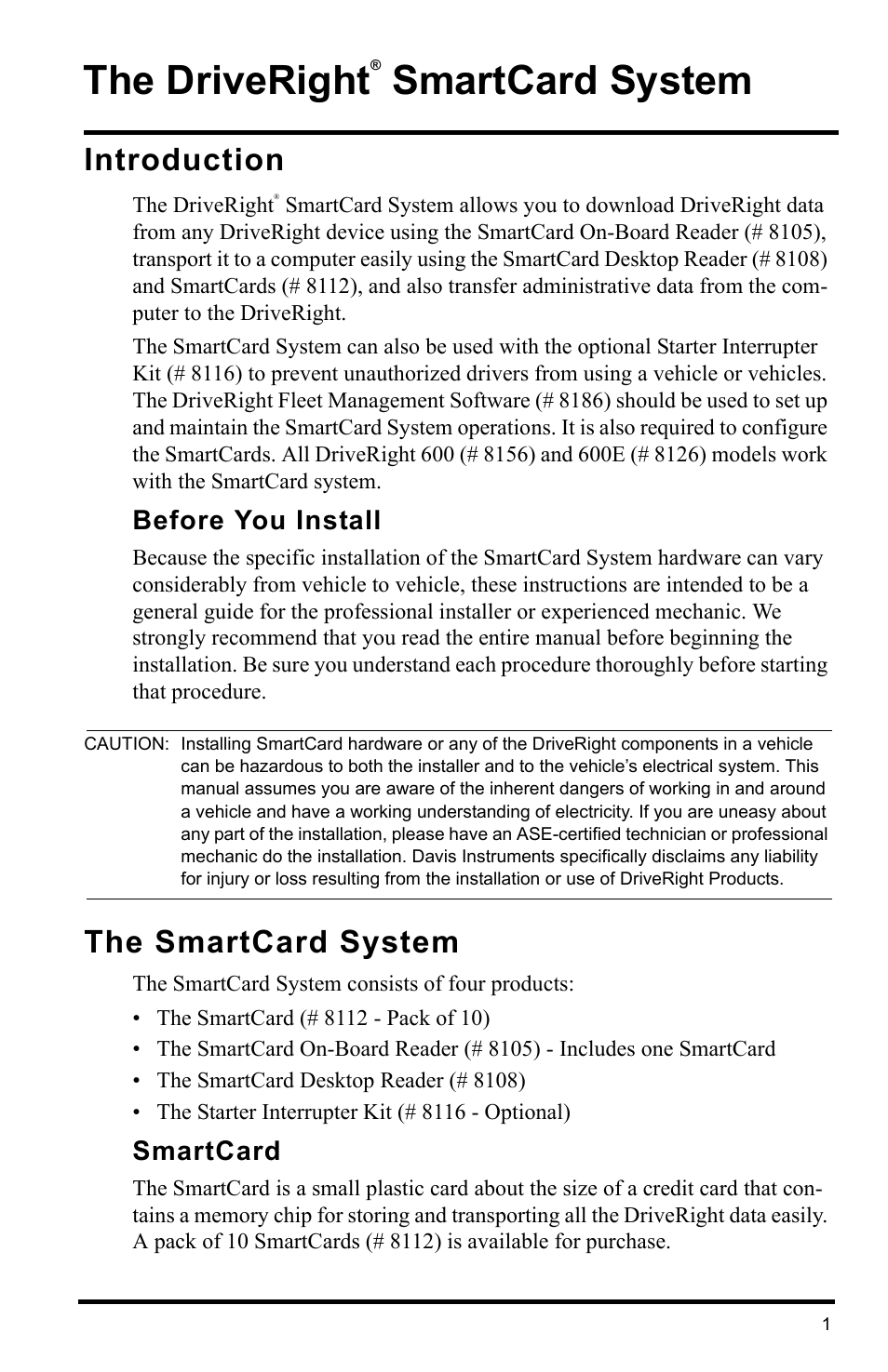 Introduction, Before you install, The smartcard system | Smartcard, The driveright, Smartcard system | DAVIS SmartCard Users Guide (8105, 8108, 8112) User Manual | Page 3 / 16