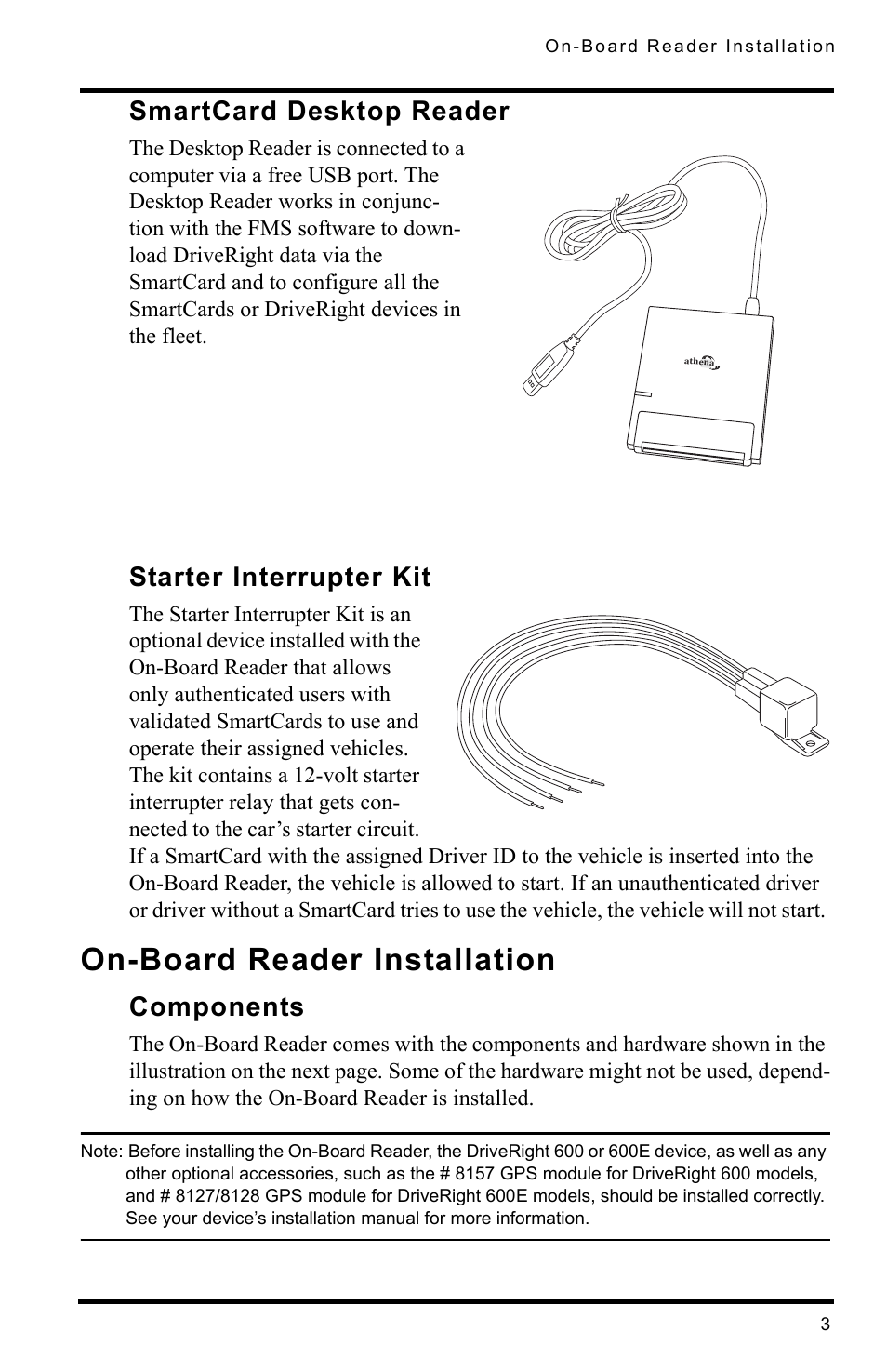 Smartcard desktop reader, Starter interrupter kit, On-board reader installation | Components | DAVIS SmartCard Users Guide (8105, 8108, 8112) User Manual | Page 5 / 16