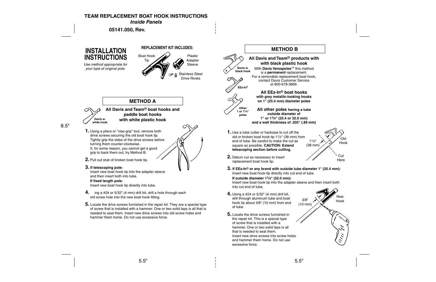 Installation instructions, Method a method b | DAVIS Team REPLACEMENT BOAT HOOK KIT User Manual | Page 2 / 2